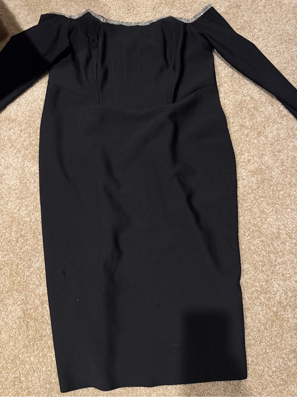 Fashion Nova Black Off-Shoulder Long Sleeve Sheath Dress with Silver Trim